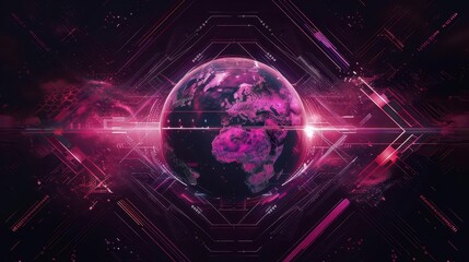 Obraz premium Arrows intersecting over a globe, symbolizing global expansion, cyberpunk style, dark palette