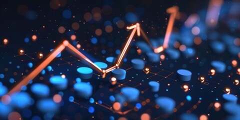 G remodeling graph arrow up, blue dots, dark gradient background, and copper highlights. Business growth and stock market rise concept.