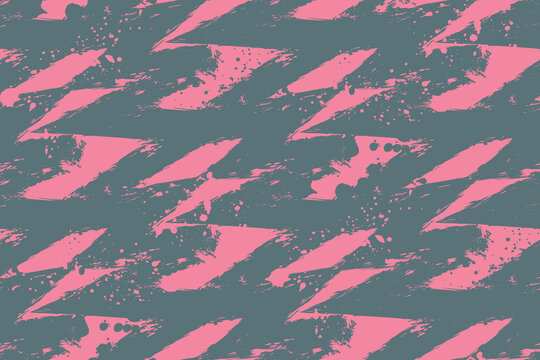 Abstract seamless grunge textured pattern with spray paint ink elements. Pink and grey geometric print. Zig zag grunge ornament for sport textile, wrapping paper.