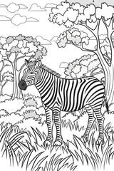 A monochromatic illustration of a zebra standing peacefully in the grass of its ecoregion, showcasing its adaptation as a terrestrial animal in its natural habitat