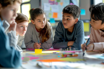 A diverse group of children collaborating on a school project, discussing and brainstorming ideas in a bright and engaging classroom.