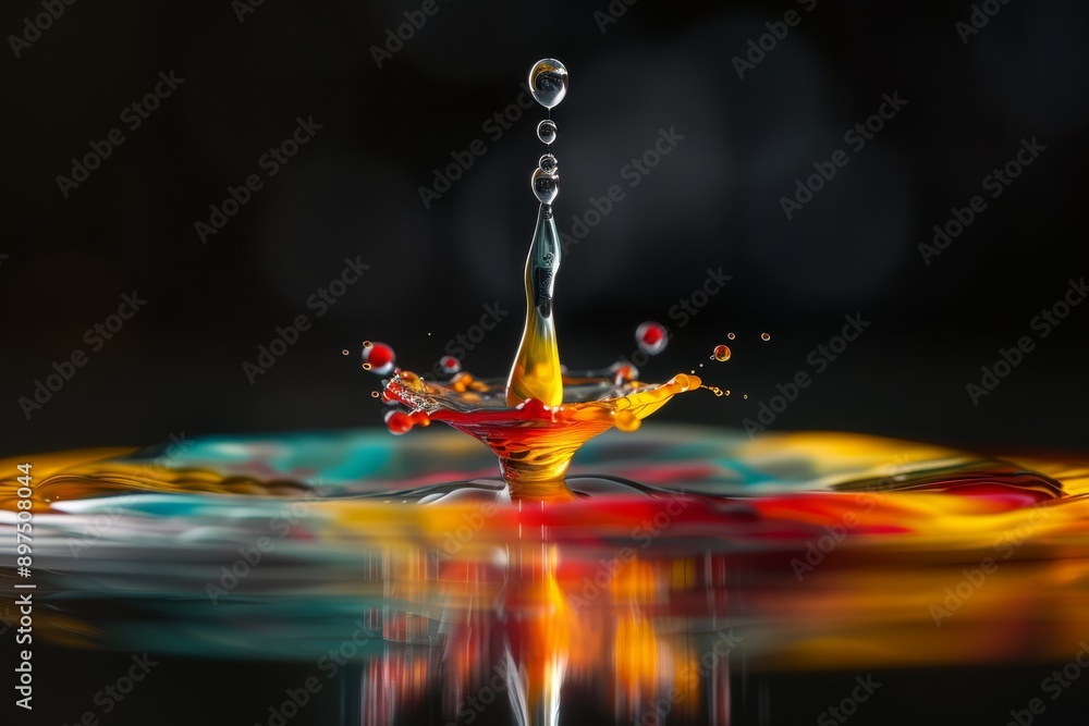 Poster a high-speed shot of a colorful water drop collision creating vibrant splashes on a reflective surfa