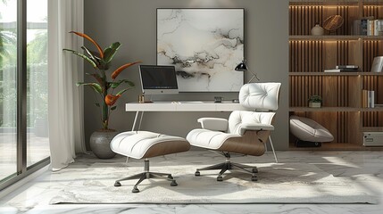 Minimalist workspace with sleek desk modern chair neutral tones natural light simple decor 3D render