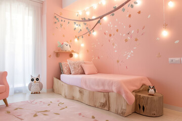 Adorable pink children's bedroom with fairy lights, owl decorations, and whimsical wall designs,...