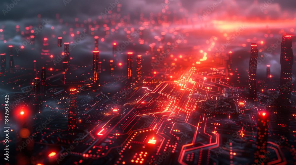 Poster a cityscape with a red line running through it. the red line is made up of glowing lights, giving th