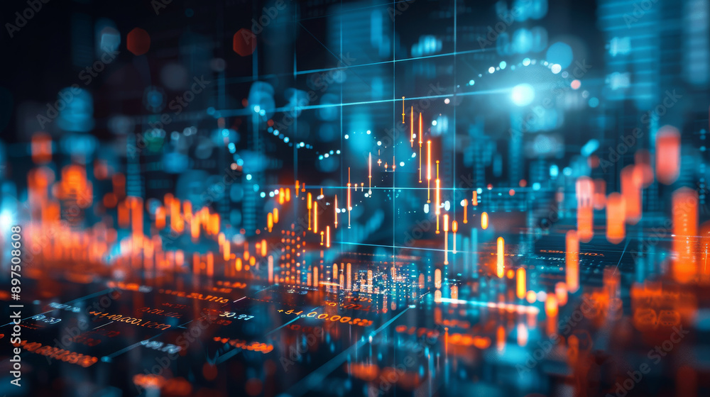 Poster a computer screen with graph and lines, stock market and investment concept background