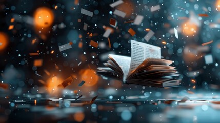 An open book surrounded by colorful confetti and dynamic lights, creating a whimsical and imaginative atmosphere.