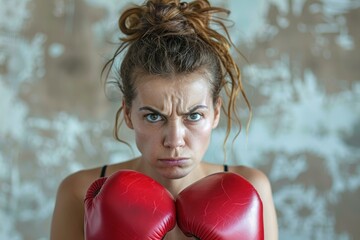 woman with boxing gloves with aggressive attitude. kickboxing sport