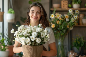 Fototapeta premium A portrait of a young woman showcasing her floral expertise