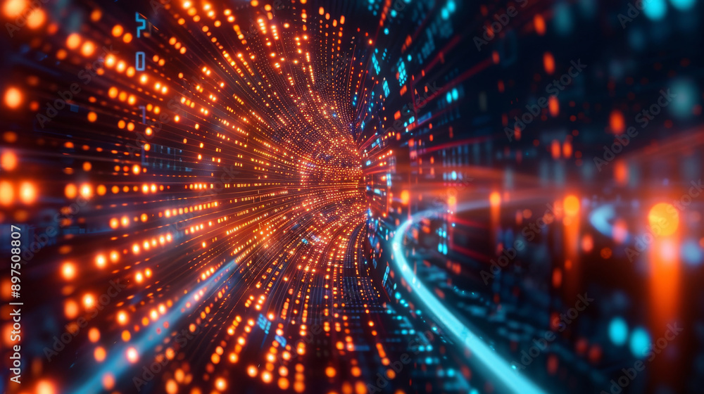 Aufkleber futuristic digital data stream concept. abstract glowing tunnel with bright lights in red and blue, 