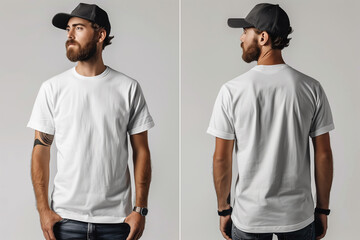 man wearing plain white tshirt, heavy cotton tee or t shirt, front and back mockup, street style background