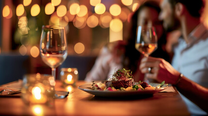 Obraz premium Romantic dinner setting with elegant tableware, wine glasses, and a couple enjoying a cozy atmosphere in a restaurant.