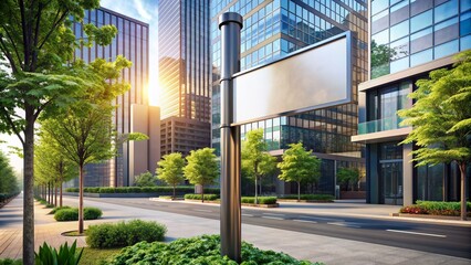 Modern minimalist urban street corner with sleek metallic signpost displaying a blank mockup sign, surrounded by trendy cityscape architecture and lush greenery.