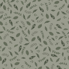 Creative Leaves of Greens Scattered on a Sage Green Background creating a seamless pattern print background