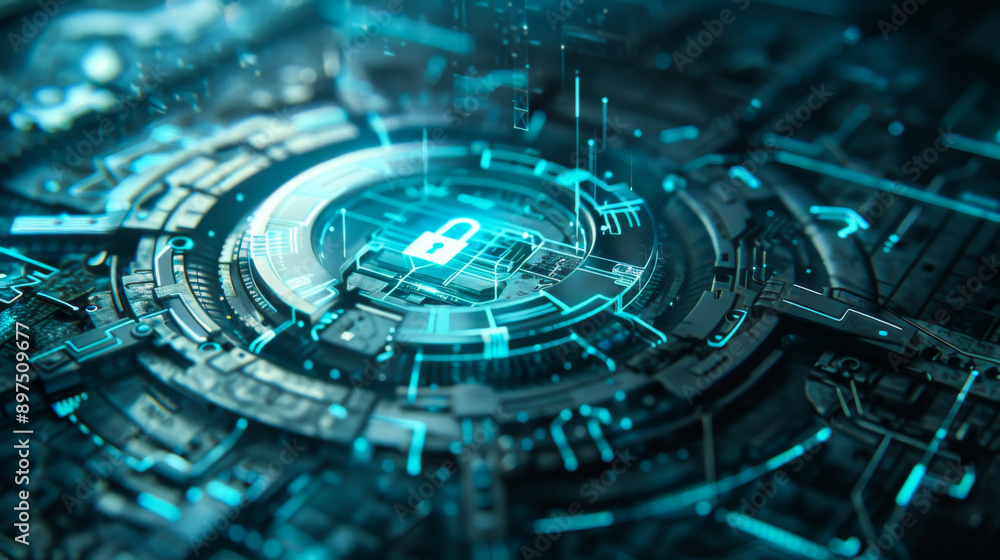 Poster close-up of a technology chip with a picture of a lock on it in light blue light. concept of technol
