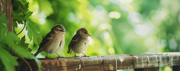 Two small birds perched on a wooden rail surrounded by green foliage