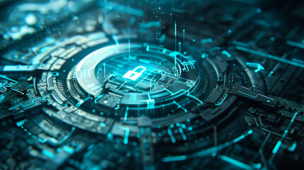Close-up of a technology chip with a picture of a lock on it in light blue light. Concept of technology, protection.