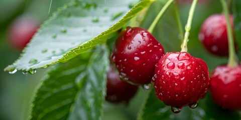 Fresh red cherries with raindrops on leaves in a closeup orchard setting create a vibrant natural scene