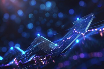 G remodeling graph arrow up, business growth, blue dot lights, dark background, and amethyst highlights. Stock market rise concept.