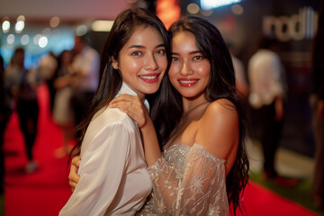 two beautiful indonesian women, white shirt and gown with long hair, posing together on a party or launching event. hugging each other, fashionable asian woman