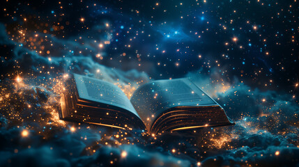 Books floating in a starry night sky, glowing pages, hardcover, mystical and enchanting, dark blue background.

