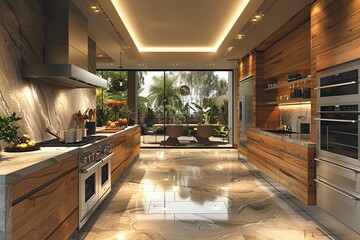 Modern kitchen with minimalistic design white countertops stainless steel appliances subtle lighting digital art