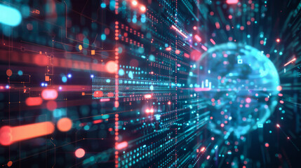 Computer screen with red, blue and green background and a large blue sphere. The sphere is surrounded by a series of lines and dots. Concept of technology and complexity. Abstract background.