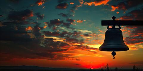 Sacred Bell Tower Chime: The silhouette of a bell tower against a sunset sky, as if the bells are calling the faithful to worship