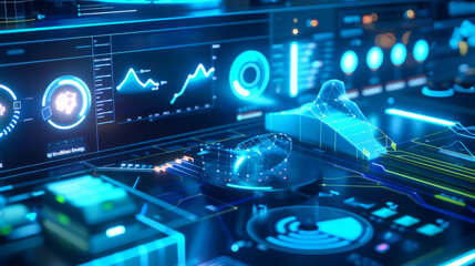 A computer monitor displays a complex network of blue and red lights. Concept of technology and innovation, with the various lights representing different aspects of the system.