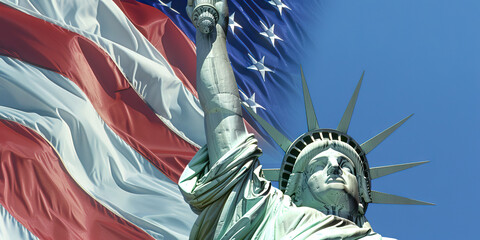 Fototapeta premium Stately Steeple of Liberty: A close-up of an American flag fluttering in the wind, its red, white, and blue stripes contrasting against a clear blue sky