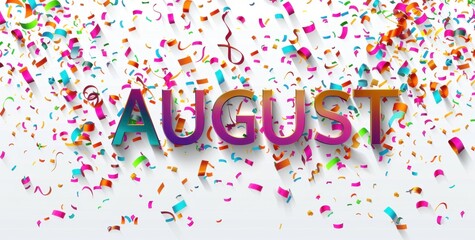 colorful confetti around the word "AUGUST" on white background Generative AI