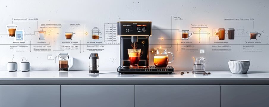 Modern coffee machine with digital interface and coffee cups on kitchen counter