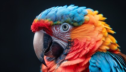 Fototapeta premium Closeup of a colorful parrot with vibrant feathers, dark background