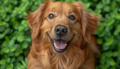 Obraz premium Closeup of happy golden retriever looking up, wideangle lens, green grass