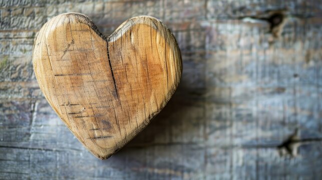 Wooden heart on rustic backdrop symbolizing love and Valentine s Day with room for text on a card