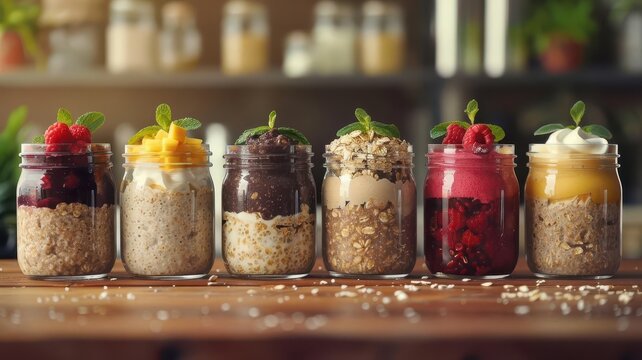 Assorted flavors of overnight oats in glass jars, variety and healthy eating concept