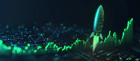 Glowing green graph and rocket on dark background, symbolizing business success,