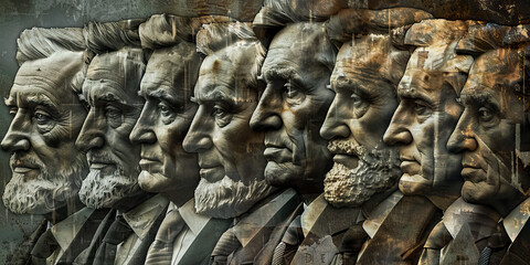 Pillars of the Republic: A group portrait of founding fathers and notable politicians, their faces etched into stone as a testament to their lasting impact.