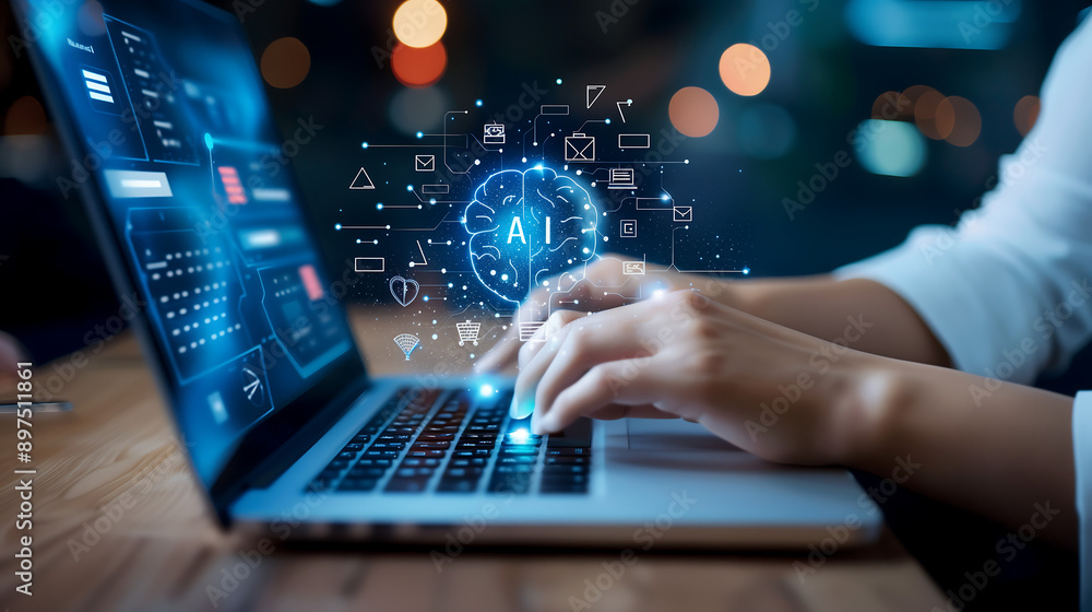 Wall mural photo of an individual typing on laptop with ai icons and digital brain interface floating above the