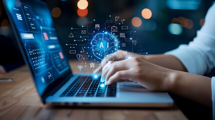 Photo of An individual typing on laptop with AI icons and digital brain interface floating above the keyboard, representing artificial intelligence technology in business office at night background