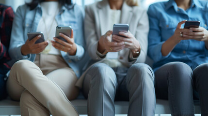 Business conference scene with attendees using mobile devices, active communication, clean and professional backdrop.


