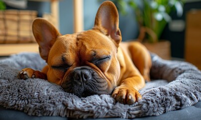 A brown dog is sleeping on a bed