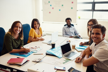 Creative agency, meeting and portrait in office for teamwork, brainstorming and communication together. Business people, discussion and collaboration in workplace for company project and diversity