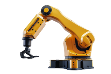 A robotic arm assembling parts on a white background.