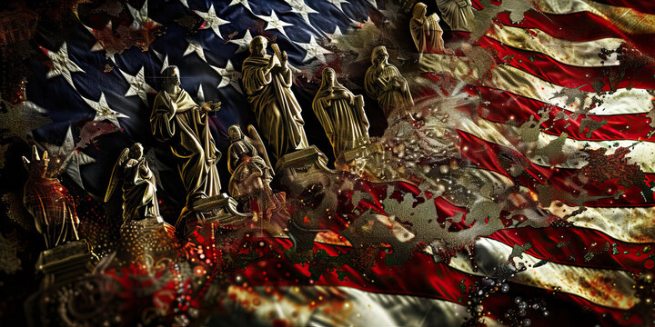 Altar of National Unity: An altar draped in the American flag, adorned with religious symbols and statues, symbolizing the intertwining of faith and patriotism