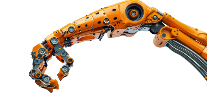 A robotic arm assembling parts on a white background.