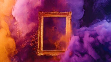 golden picture frame enveloped by vibrant orange and purple smoke on a matching  background, for halloween greetings
