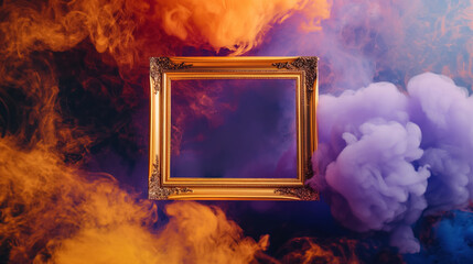 golden picture frame enveloped by vibrant orange and purple smoke on a matching  background, for halloween greetings