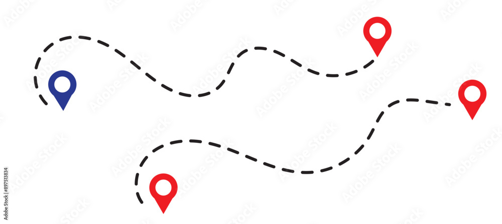 Poster route icon between two points with dotted path and location pin. location pointer continuous one lin