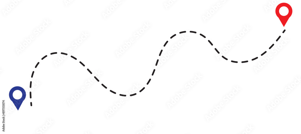 Poster route icon between two points with dotted path and location pin. location pointer continuous one lin
